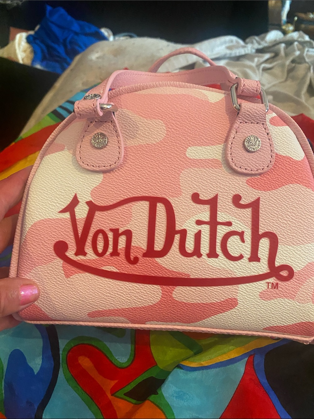 Von Dutch Pink Camouflage Mini Handbag with Red Logo